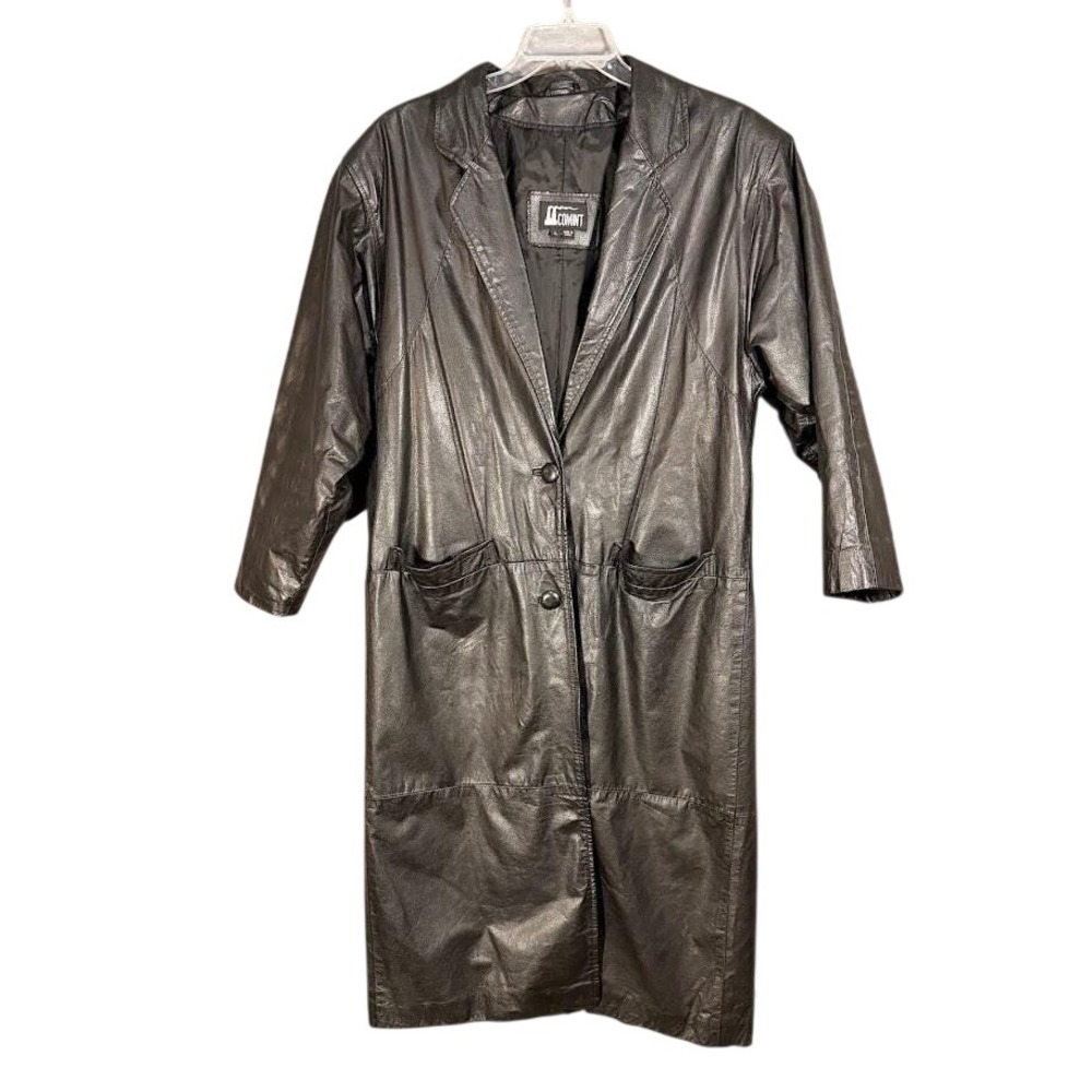 Comint Vintage Black Leather Trench Coat Jacket Womens L 90s Matrix Grunge Goth